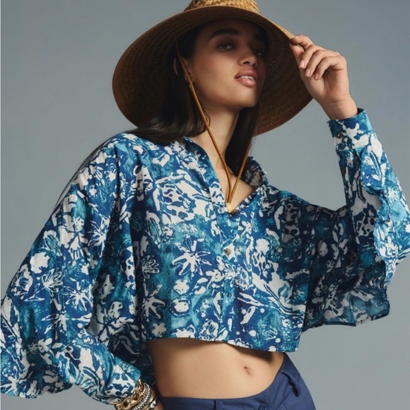 Pilcro Cropped Batwing Blouse XXS Oversized Ruffle Batik Button Front Blue - Picture 1 of 16